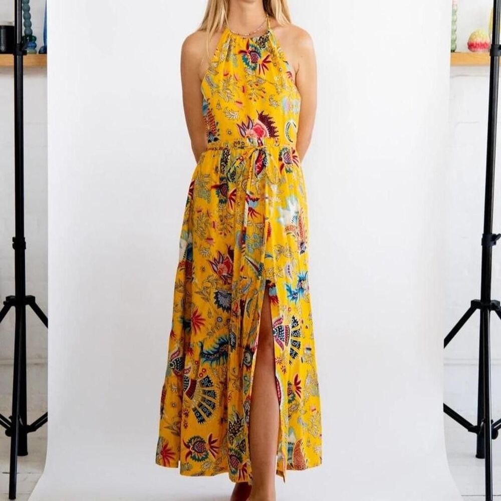 Rachel Comey Designer Quit luxury Yellow linen maxi dress with floral print